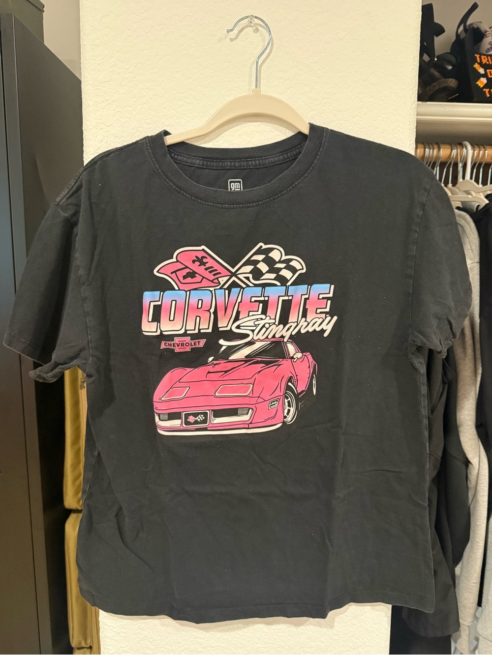 Hybrid Apparel Black Tee with Pink Corvette Graphic